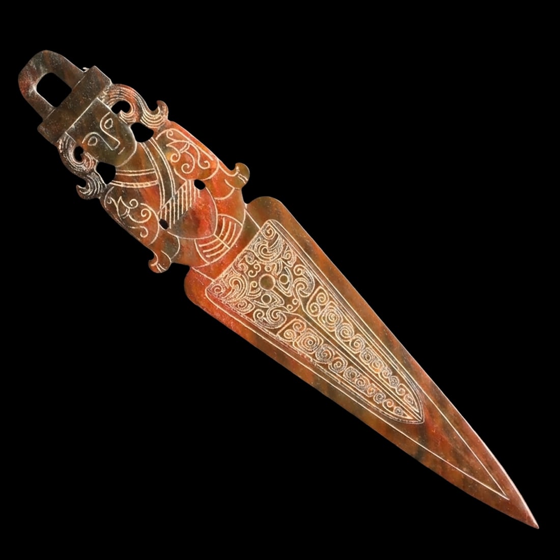 Old Style Oriental Jade Figurine King Sword Motif: Size: Height 24.0 cm - Length 4.6 cm - Width 0.8 cm. Materials: Jade. Condition: Resembles a retro aesthetic. This impressive ceremonial object is expertly hand-carved from Hittite jade in the shape