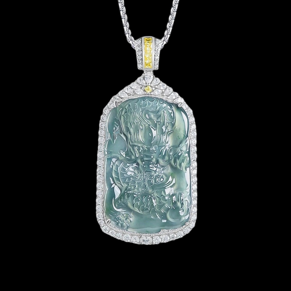 Asian Jade Silver Dragon Tenganisha Shape Pendant: Size: Height 5.1 cm - Length 2.5 cm - Width 0.8 cm. Weight 5 g. Materials: Jade, S925 Silver. Condition: New. This exquisite "tensihai dragon" pendant is expertly crafted from Grade A jadeite, a rare 