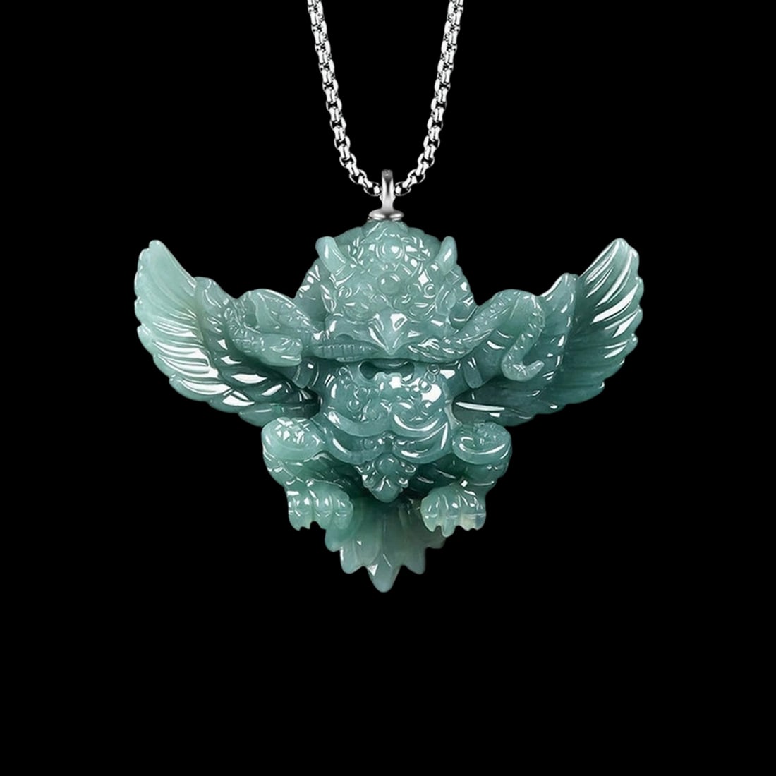 Oriental Jade Blue Hue Silver Bird Shape Pendant: Size: Height 40.5 mm - Width 47.5 mm. Weight 14 g. Materials: Jade, S925 Silver. Condition: New. This tantric pendant is expertly crafted from blue water jadeite, depicting the three-dimensional form 