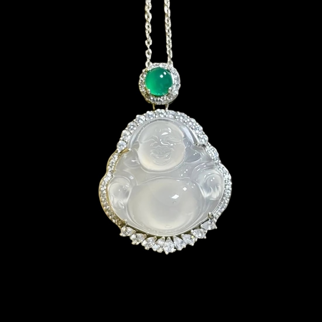 Chinese Buddha Shape Sterling Silver Jade Pendant (1 of 1)