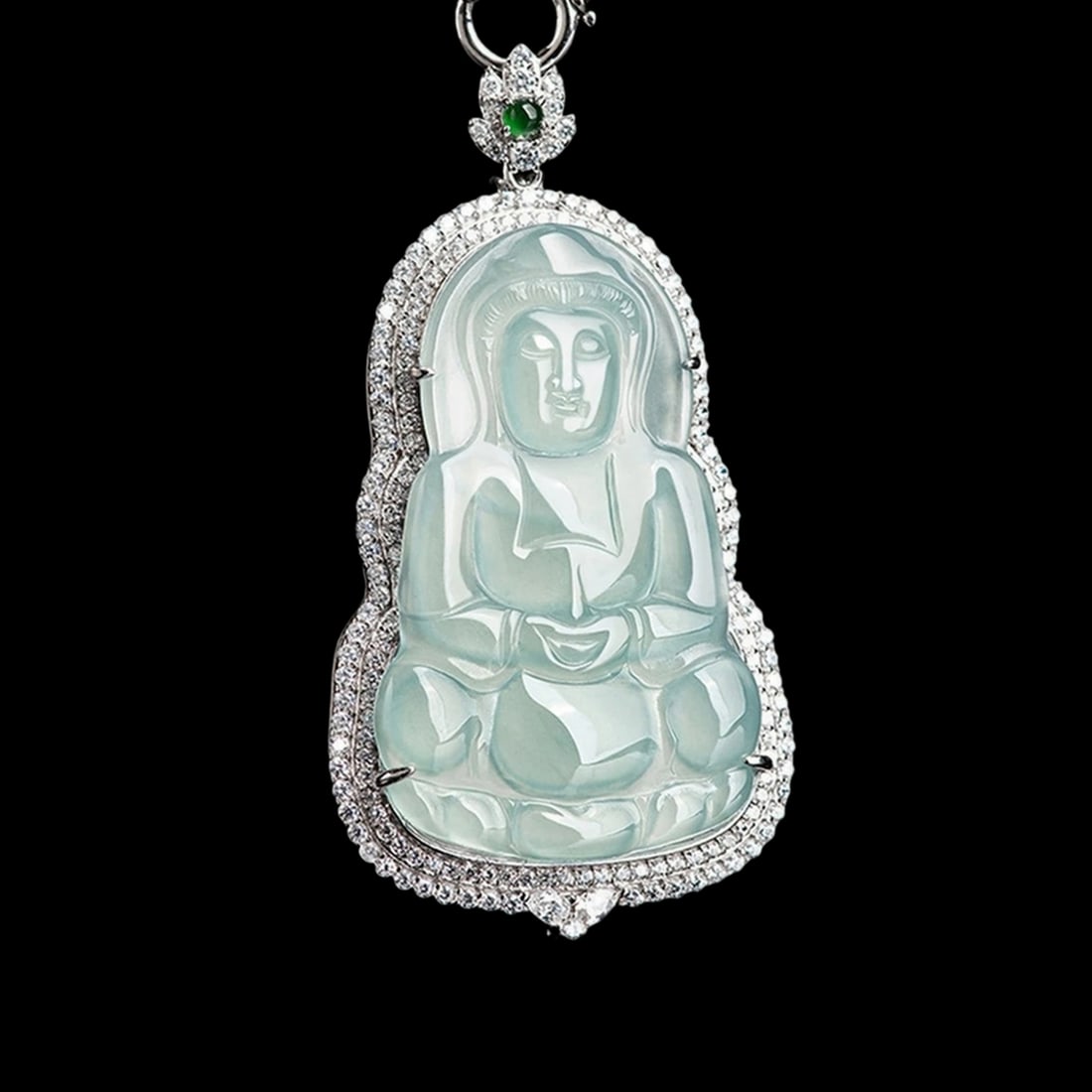 Chinese Jade Ocean Shade Silver Guanyin Pendant: Size: Height 5.6 cm - Length 3.0 cm. Weight 20 g. Materials: Jade, S925 Silver. Condition: New. This serene pendant is expertly crafted from natural "water blue" jadeite and depicts the elegant figure