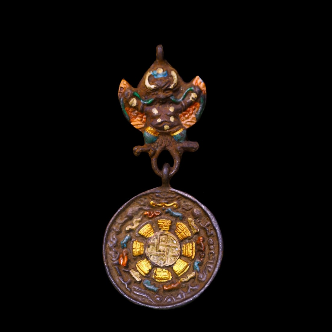 Tibetan Bronze Cinnabar Garuda Dhwaja Pendant: Size: Height 10.0 cm - Length 5.0 cm. Weight 0.2 kg. Materials: Bronze, cinnabar. Condition: Resembles a retro aesthetic. This powerful spiritual amulet is sacred bird-like deity in Buddhist and Hindu