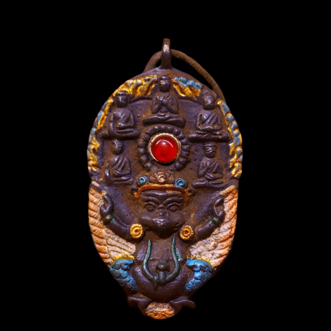 Vintage Bronze Painted Cinnabar Garuda Dhwaja Buddha Pendant Amulet (1 of 6)