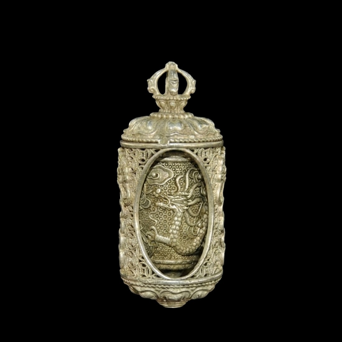 Old Style Asian Wheel Pendant Silver Loong Pattern: Size: Height 6 cm - Length 2.5 cm - Width 2.5 cm. Weight 0.2 kg. Materials: Tibetan silver (alloy of tin with copper or zinc). Condition: Appears to have a classic aesthetic. This ritual pendant is ex