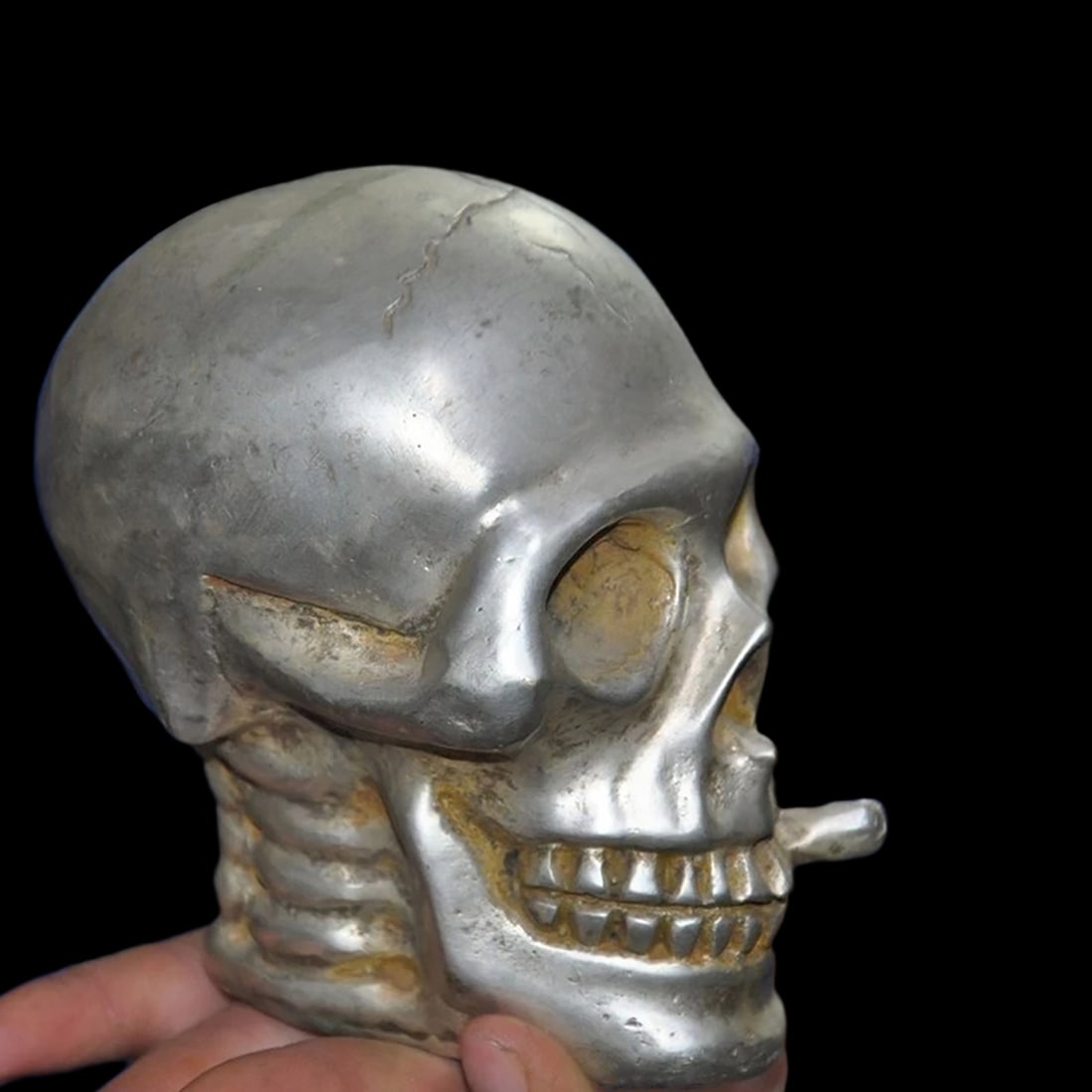 Tibetan Silver Skull Cigarette Pattern Figurine - 2