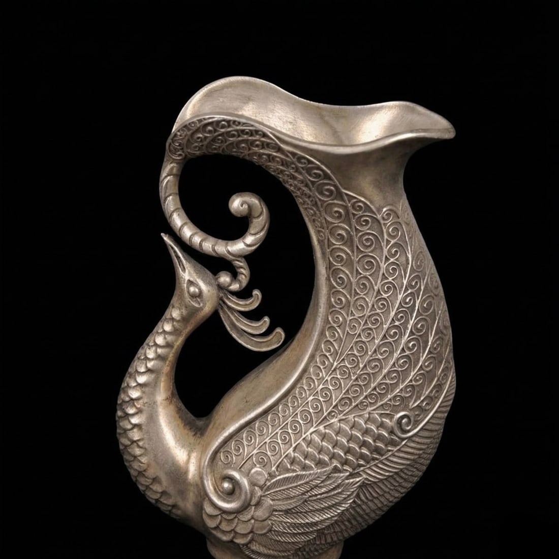 Old Style Bronze Tibetan Silver Bird Motif Cup: Size: Height 14.5 cm - Length 10 cm - Width 5.5 cm. Weight 0.7 kg. Materials: Bronze, tibetan silver (alloy of tin with copper or zinc). Condition: Looks like vintage. This exquisite ritual vessel is