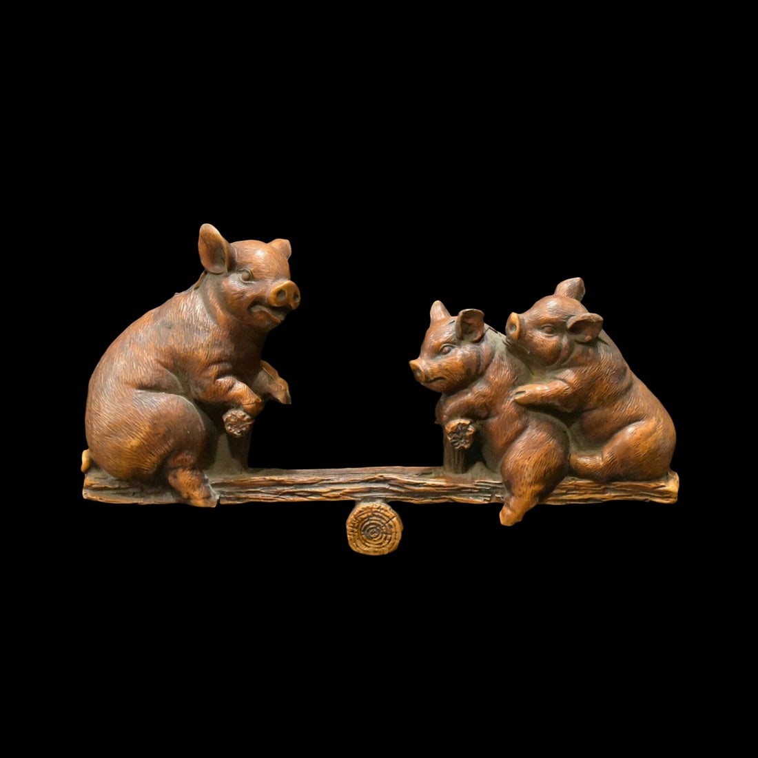 Asian Handwork Boxwood Pigs Balance Spirit Signet: Size: Height 10 cm - Length 18 cm - Width 4 cm. Weight 1.6 kg. Materials: Boxwood. Condition: Looks like vintage. This work, executed in the style of a classic animalistic study, is hand-carved from