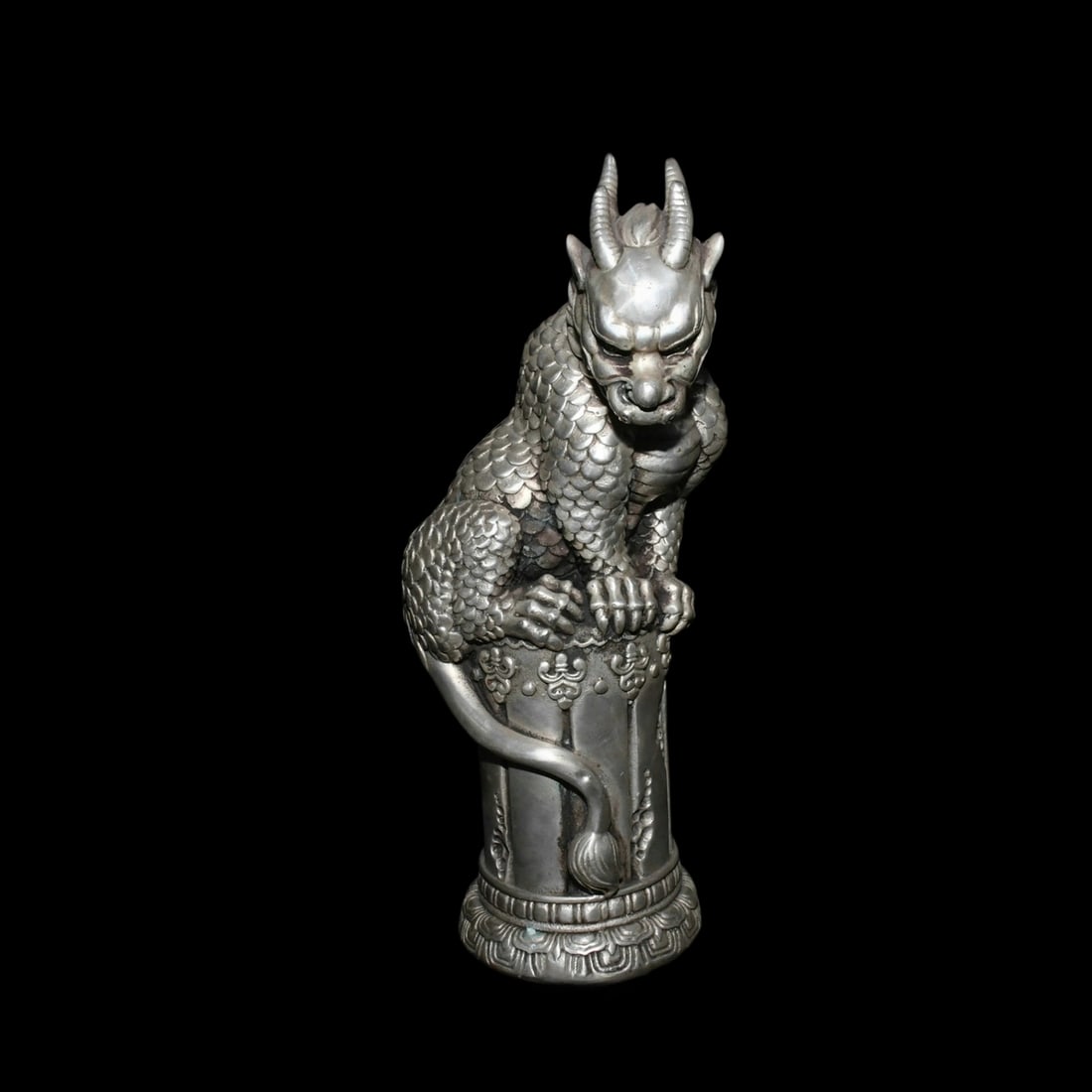Asian Retro Style Bronze Silver Pixiu Beast Figure: Size: Height 25.9 cm - Length 11.9 cm - Width 8.9 cm. Weight 1.6 kg. Materials: Bronze, Tibetan silver (alloy of tin with copper or zinc). Condition: Resembles a retro aesthetic. This magnificent