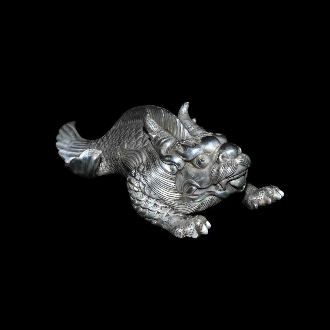 Vintage Style Bronze Silver Fish Beast Figure: Size: Height 10.9 cm - Length 24.9 cm - Width 11.9 cm. Weight 1.7 kg. Materials: Bronze, Tibetan silver (alloy of tin with copper or zinc). Condition: Looks like vintage. This unique ritual sculpture