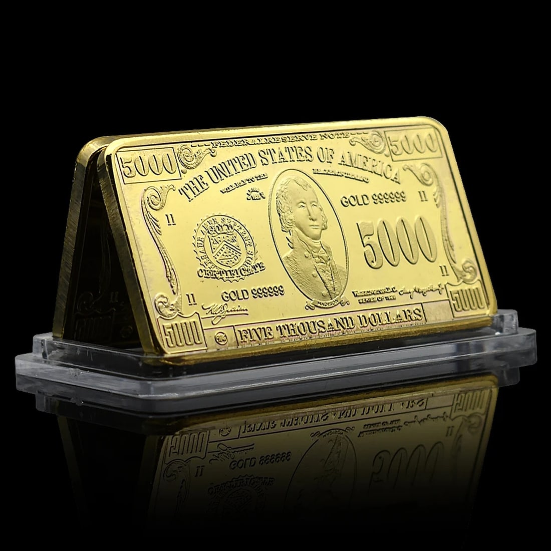 James Madison Metal Gold Plated Bar Five Thousand: Size: Height 5.1 cm - Length 2.8 cm - Width 0.25 cm. Weight 32 g. Materials: Metal Gold Plated. Condition: New. This impressive commemorative bar is a masterfully crafted reproduction depicting James 