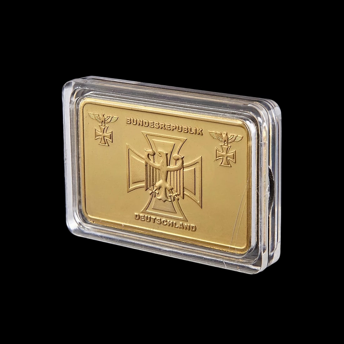 Deutsche Bundesrepublik Metal Gold Plated Bar: Size: Height 4.4 cm - Length 2.8 cm. Weight 31.1 g. Materials: Metal Plated Gold. Condition: New. This impressive commemorative bar is a masterfully crafted replica and tribute to German heritage,