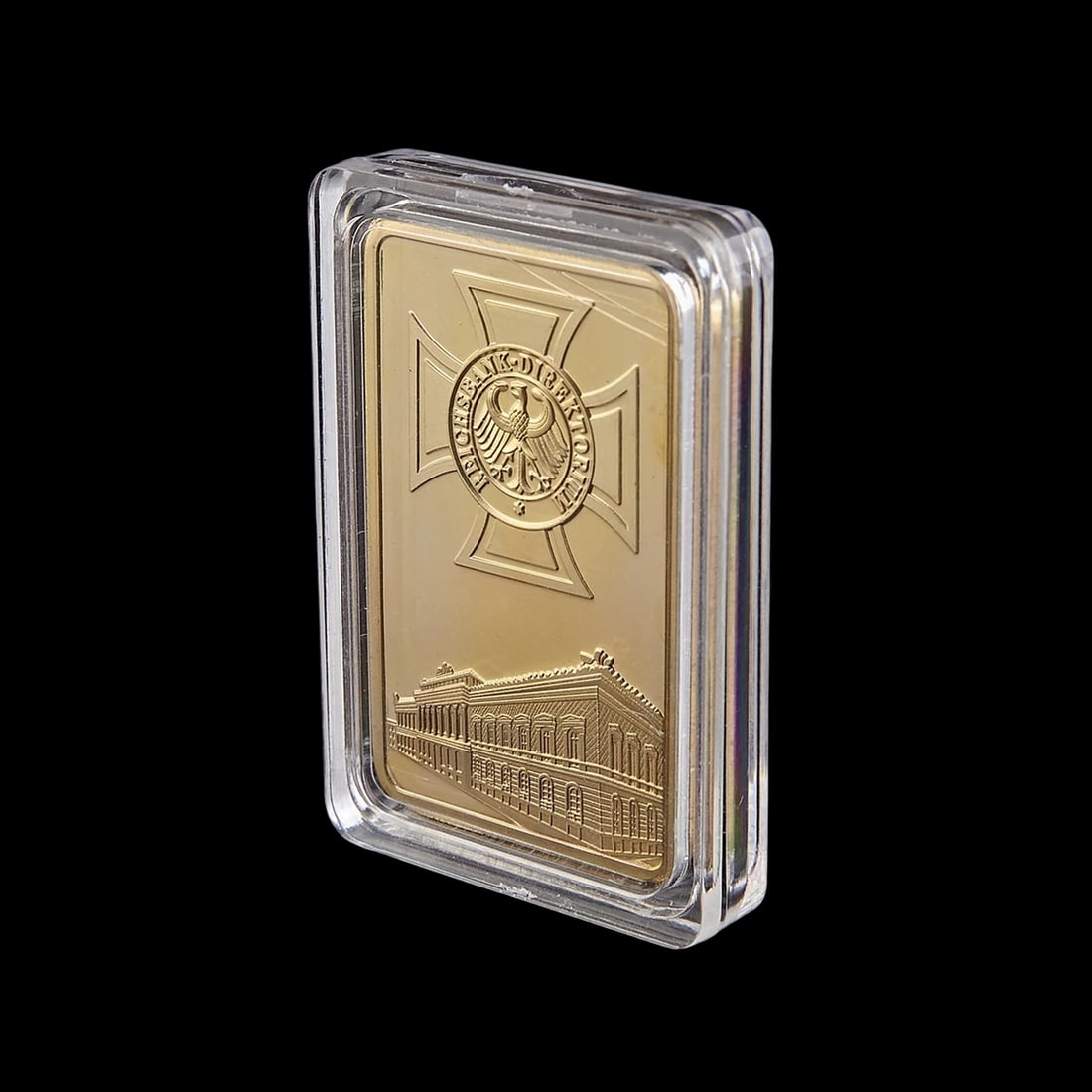 German Motif Eagle Pattern Metal Gold Plated Bar: Size: Height 4.4 cm - Length 2.8 cm. Weight 28 g. Materials: Metal Plated Gold. Condition: New. This impressive commemorative bar is a masterfully crafted replica and tribute to German heritage, featu