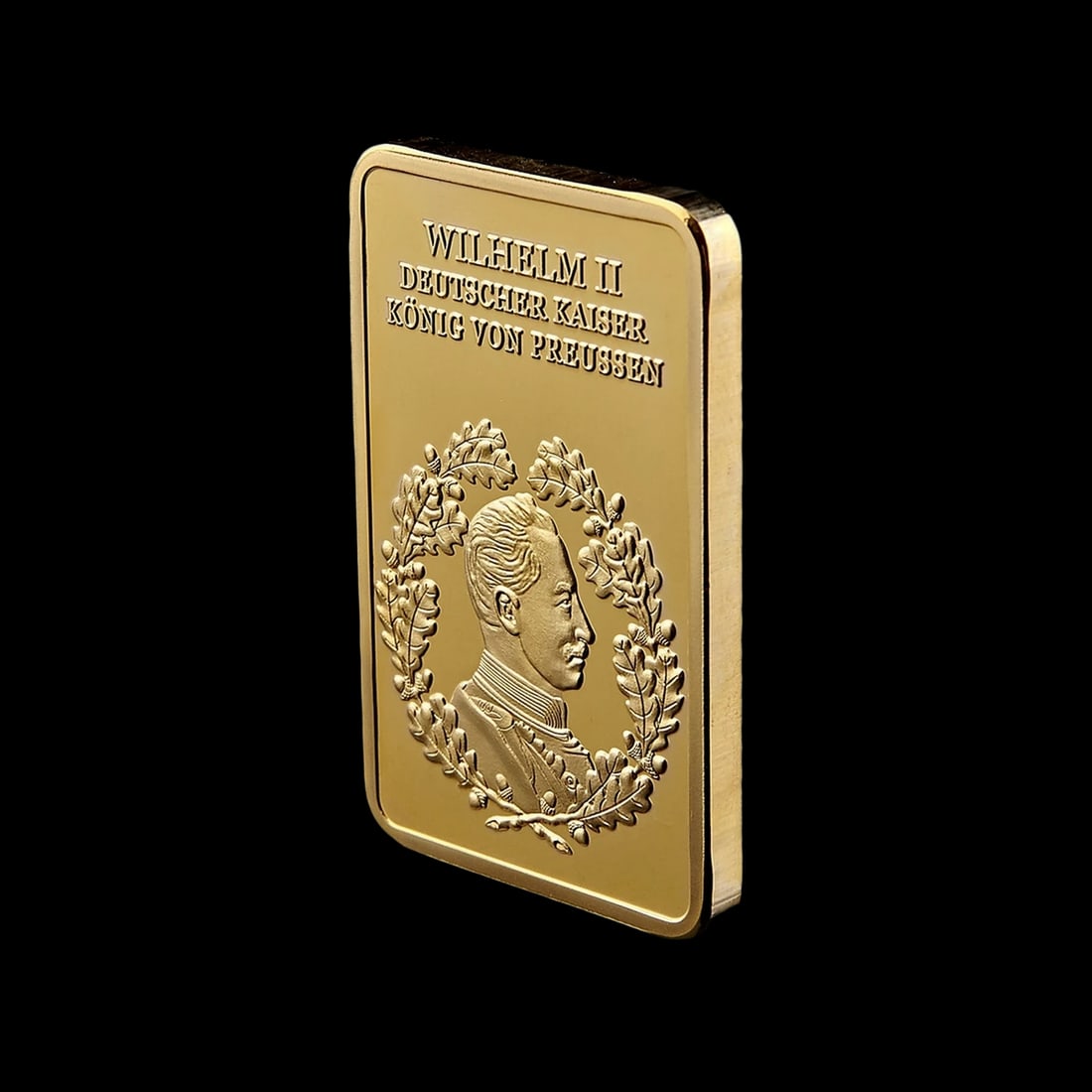 German Possessor Portrait Metal Collectable Bar: Size: Height 4.4 cm - Length 2.8 cm. Weight 28 g. Materials: Metal Plated Gold. Condition: New. This impressive commemorative bar is a masterfully crafted replica tribute to Kaiser Wilhelm II, the