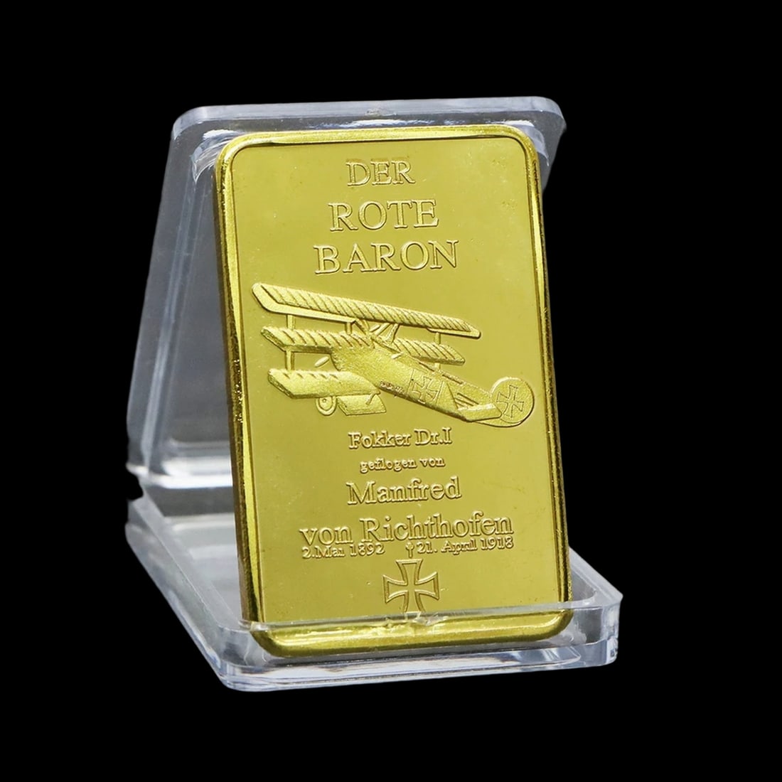 Red Baron Manfred Richthofen Order Bar Replica: Size: Length 50 mm - Width 28 mm - Thickness 3 mm. Materials: Iron, plated gold. Condition: New. This collectible German pilot reproduction bullion is a masterfully engraved historical tribute and fea