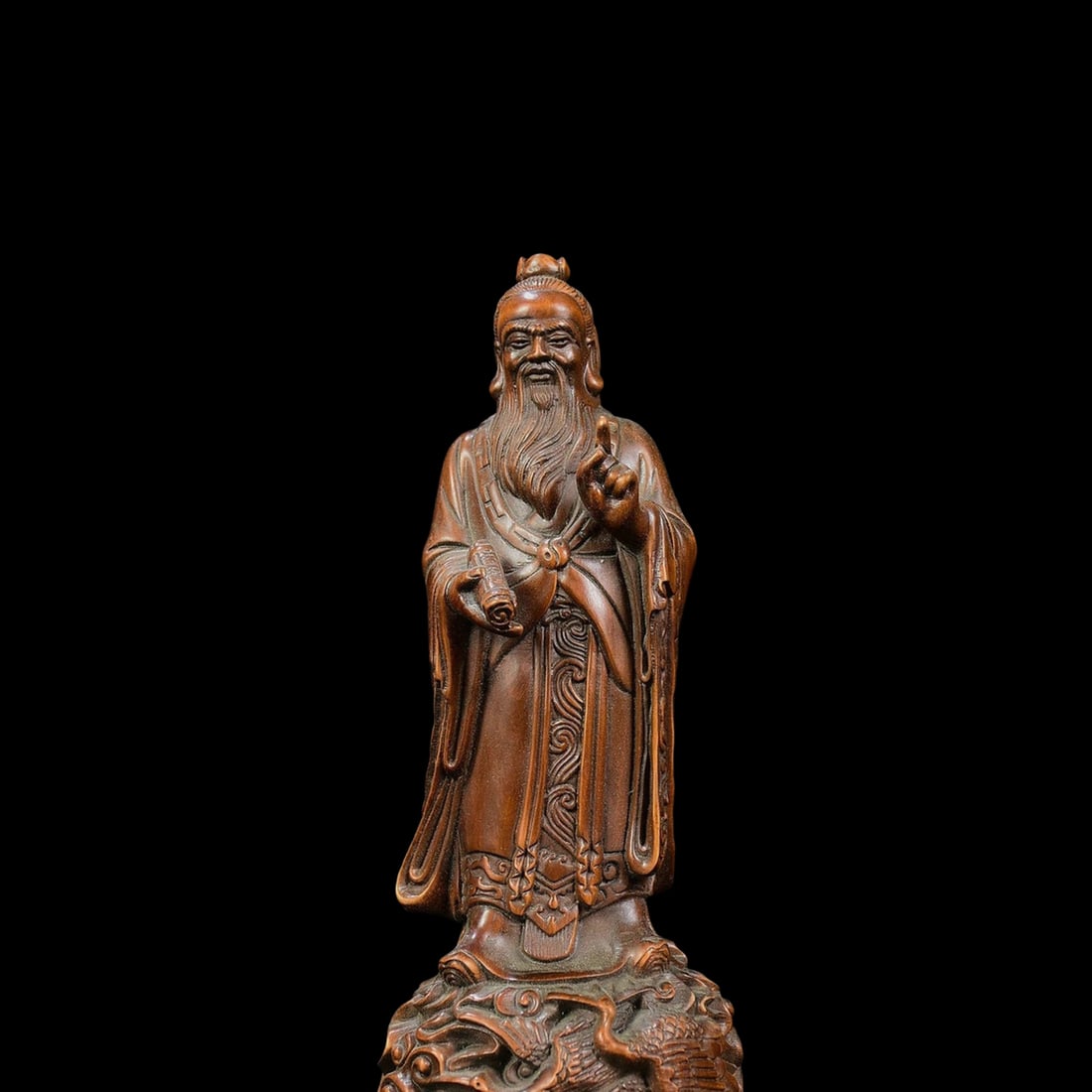 Handwork Boxwood Taoism Laozi Spirit Sculpture: Size: Height 17 cm - Length 7.1 cm - Width 6.1 cm. Weight 1.0 kg. Materials: Boxwood. Condition: Excellent. This work, crafted in the style of a classical Taoist statue, is hand-carved from dense,