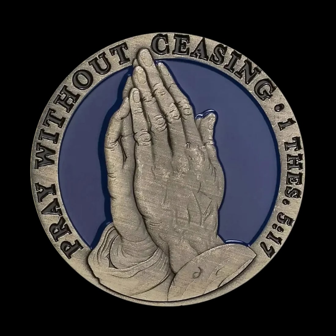 Vintage Copper Plated Commemorative Challenge Coin Pray Without Ceasing: Size: 4 cm - 0.3 cm. Weight 30 g. Materials: Copper plated iron Condition: New This round coin features a double-sided design. The surface displays detailed engravings related to a prayer theme,