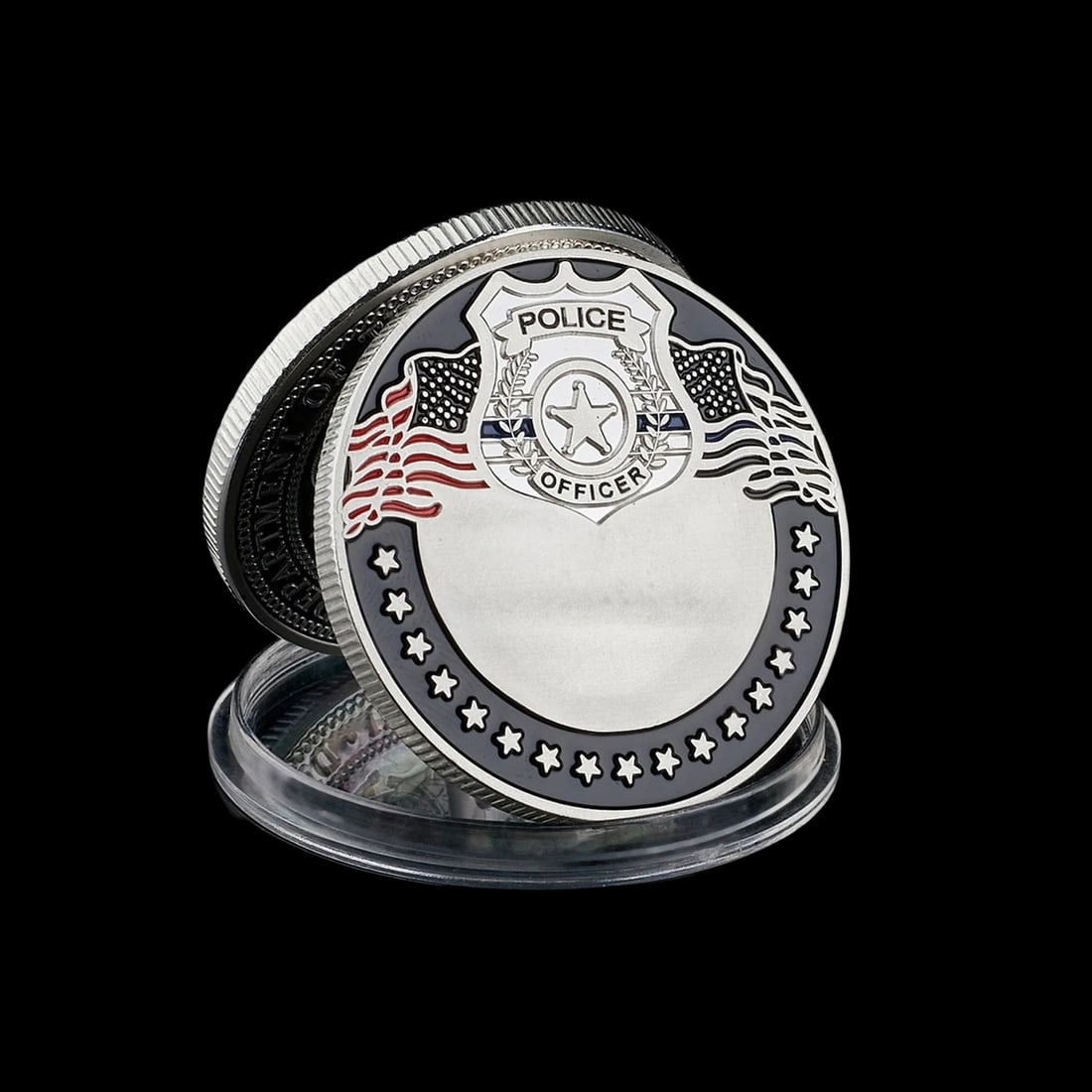 USA Support Law Enforcement Agencies Silver Coin: Size: Diameter 40 mm - Thickness 3 mm. Weight 28 g. Materials: Metal. Condition: New. This reproduction of the United States Thin Blue Line coin is a masterfully engraved tribute to law enforcement