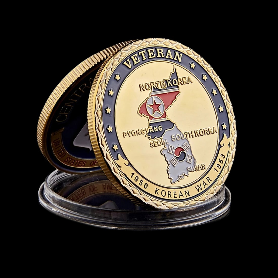 Korean War Numismatic Replica US Army Duty Medal: Size: Diameter 45 mm - Thickness 3 mm. Weight 28 g. Materials: Iron, plated gold. Condition: New. This reproduction collectible coin of the 1950-1953 Korean War is a masterfully struck military tribut