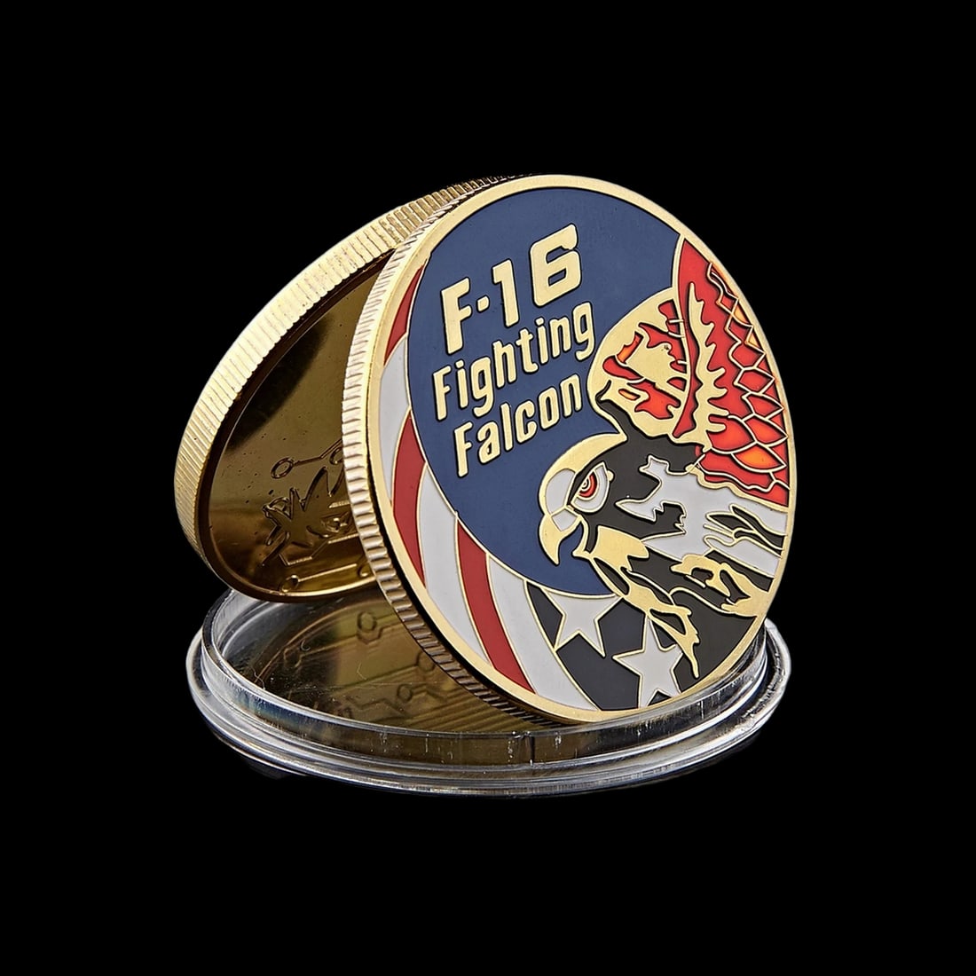 Numismatic Replica Coin Military USA Air Force: Size: Diameter 40 mm - Thickness 3 mm. Weight 28 g. Materials: Iron, plated gold. Condition: New. This reproduction U.S. F-16 Fighting Falcon coin is a masterfully minted tribute to the aerospace
