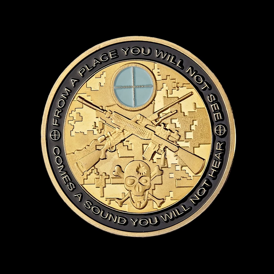 Place You Not See Comes Sound Not Hear Coin Medal: Size: Diameter 40 mm - Thickness 3 mm. Weight 28 g. Materials: Iron, plated gold. Condition: New. This reproduction U.S. "Sniper Skull: The Challenge" coin is a masterfully minted military-style