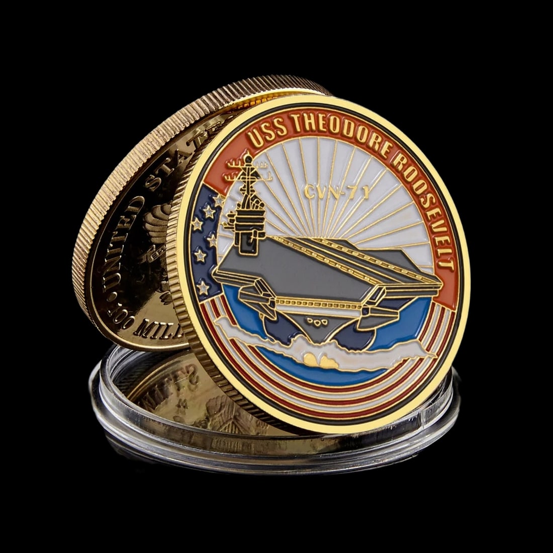 Navy Great Seal Carrier Numismatic Medal Coin: Size: Diameter 40 mm - Thickness 3 mm. Weight 28 g. Materials: Metal. Condition: New. This reproduction coin of the Theodore Roosevelt CVN-71 is a masterfully struck naval tribute with a bold