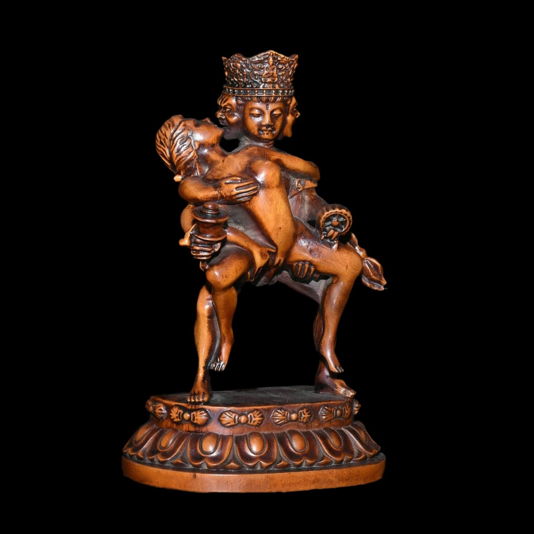 Old Style Handwork Boxwood Tibetan Yab-Yum Statue: Size: Height 17.8 cm - Length 5.8 cm - Width 4.8 cm. Weight 1.3 kg. Materials: Boxwood Wood. Condition: Looks like vintage. This sculpture, crafted in the style of a sacred Himalayan icon, is