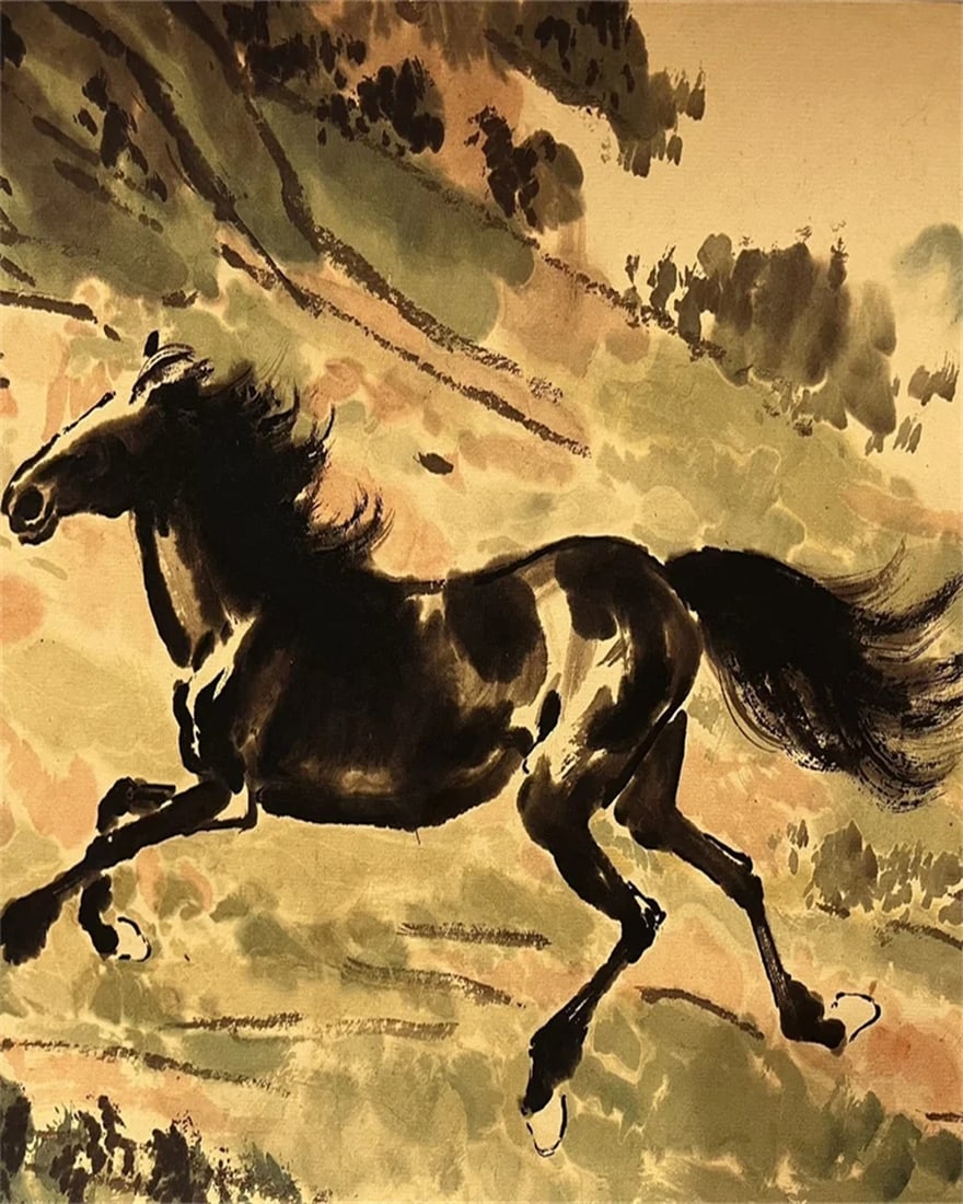 Oriental Retro Style Wild Horses Pattern Scroll - 4