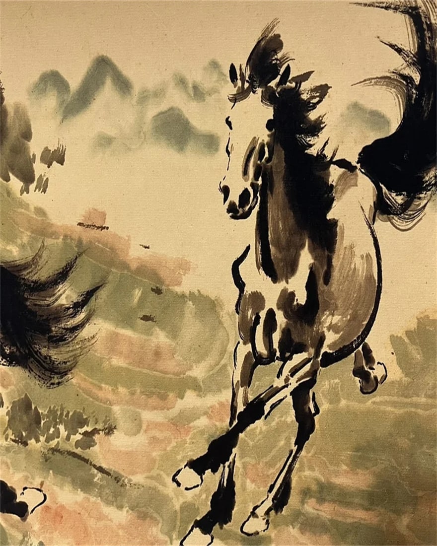 Oriental Retro Style Wild Horses Pattern Scroll - 5