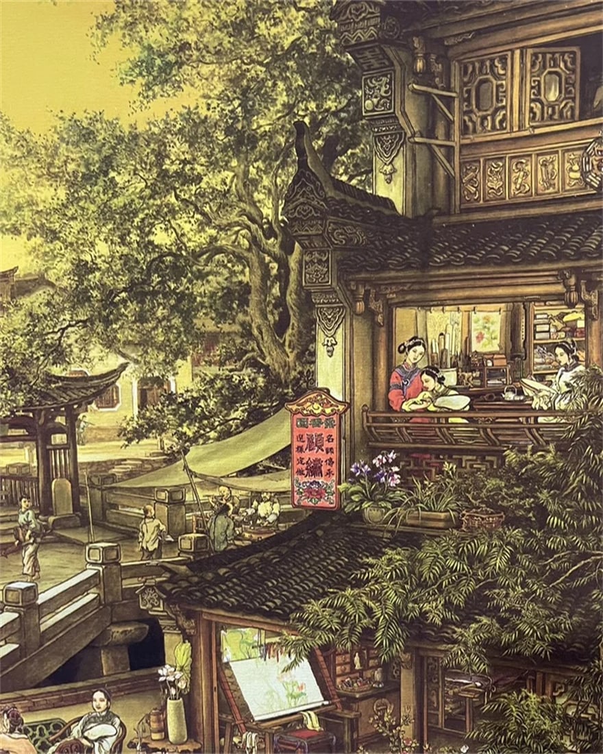 Asian Old Style Dream Night Town Pattern Scroll - 3