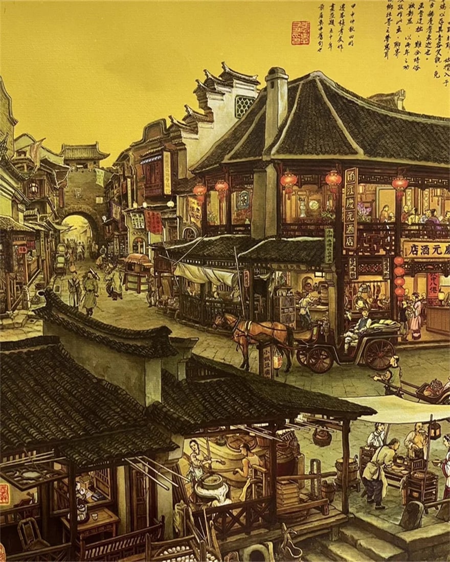 Asian Old Style Dream Night Town Pattern Scroll - 5