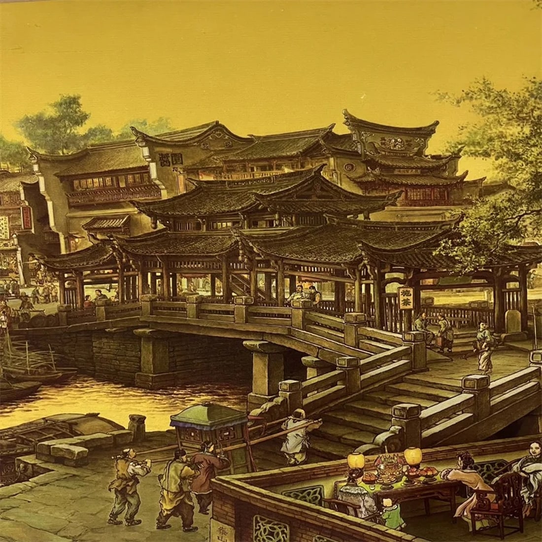 Asian Old Style Dream Night Town Pattern Scroll - 6