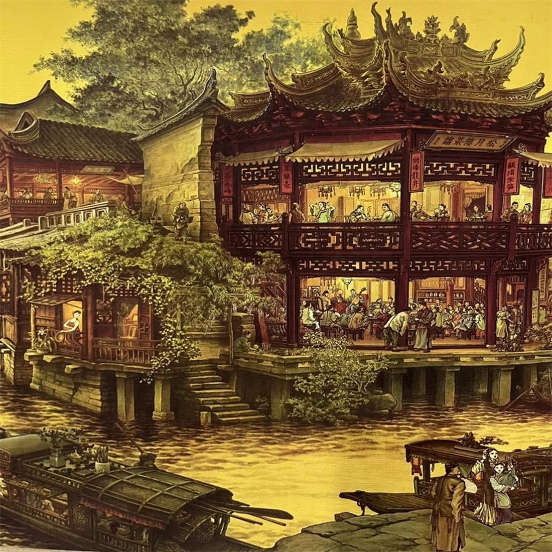 Asian Old Style Dream Night Town Pattern Scroll - 7