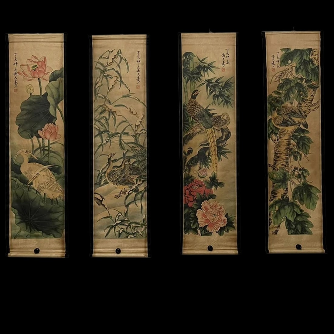 Asian Old Style Floral Birds Pattern Paper Scroll: Size: Height 130 cm - Length 35 cm. Materials: Paper. Condition: Excellent. This captivating and elegant reproduction scroll is executed in the style of the venerable Pan Tianshou, presenting a bold a