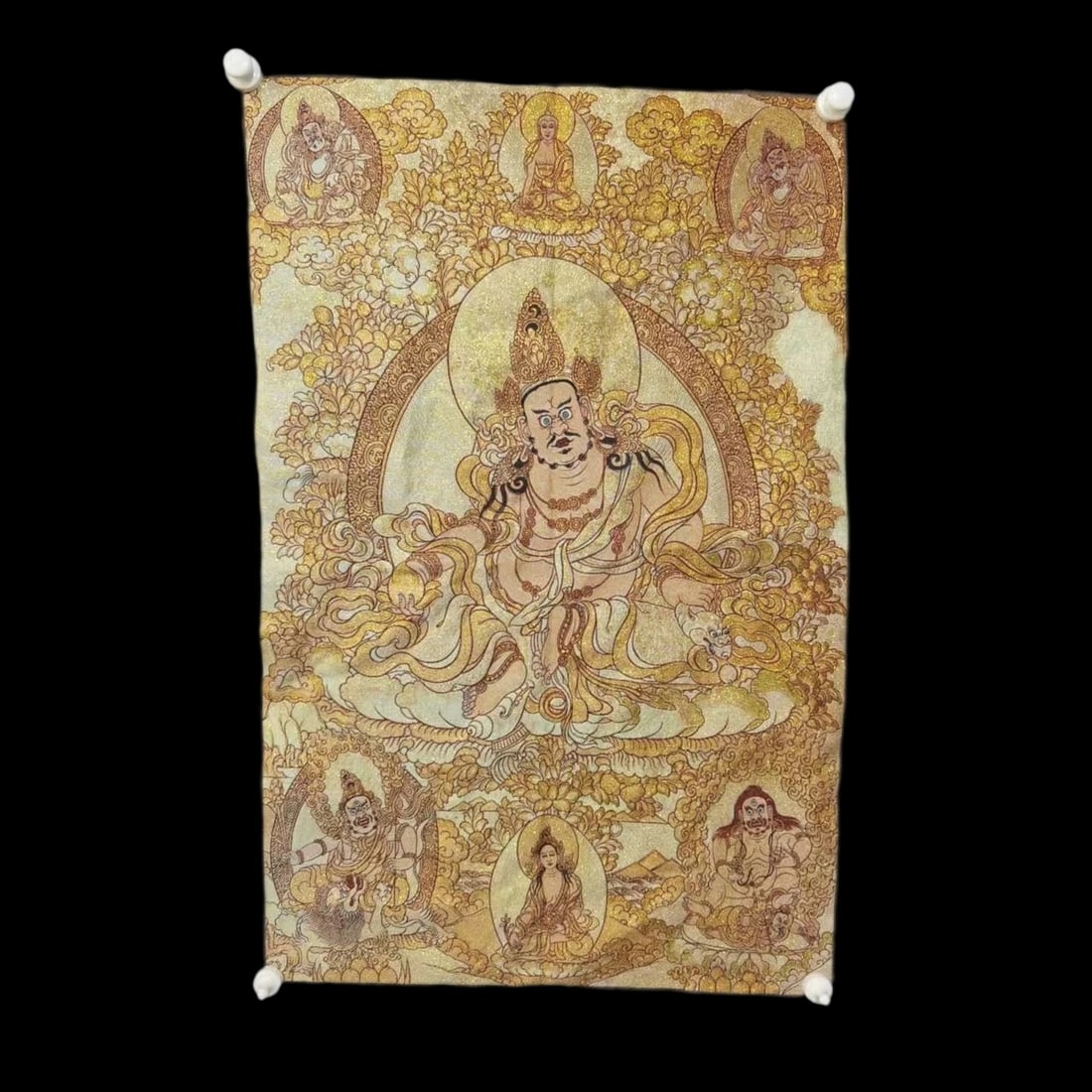 Oriental Old Style Yellow Jambhala God Thangka: Size: Height 90 cm - Length 60 cm. Weight 0.4 kg. Materials: Silk. Condition: Appears to have a classic aesthetic. This magnificent ritual thangka depicts the sacred yellow Jambhala, a prominent