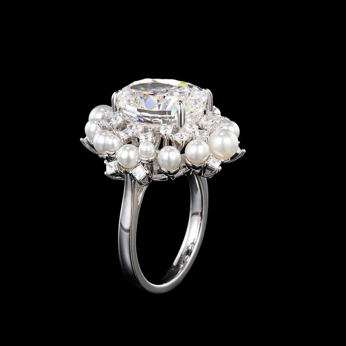 Classic Style Sterling Silver Zircon Artificial Pearl Starburst Ring (1 of 2)