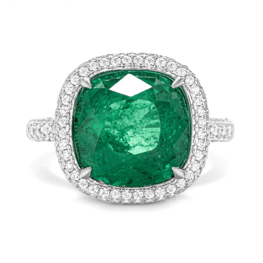 Modern Sterling Silver Cubic Zirconia Green Cushion Cut Ring: Size: Ring size 8 - 18.2 mm. Weight 12 g. Materials: 925 sterling silver, cubic zirconia Condition: New This opulent ring showcases a substantial, cushion-cut vibrant green central stone, displaying r