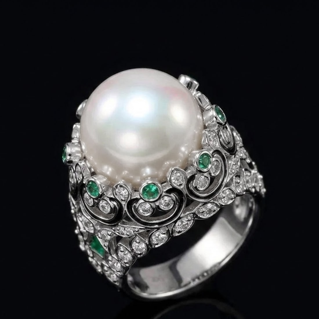 Unique Sterling Silver Artificial Pearl Filigree Enamel Crescent Ring: Size: Diameter 19 mm. Weight 12.72 g. Materials: 925 sterling silver, artificial pearl, artificial gemstones Condition: New This opulent ring is crowned by a massive, luminous spherical pearl that ser