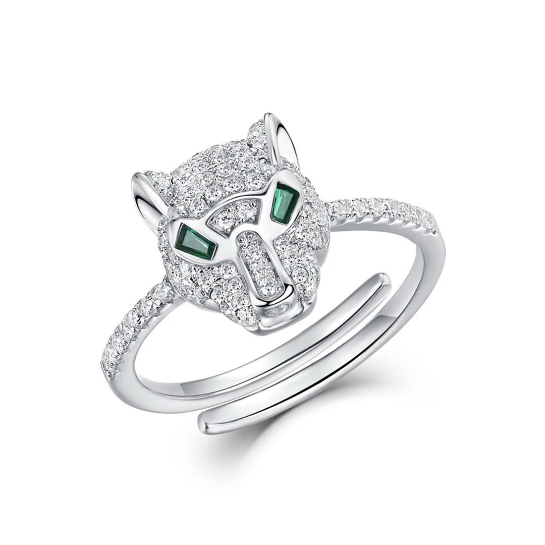 Modern Sterling Silver Cubic Zirconia Open Leopard Head Ring: Size: Diameter 1.66 cm - Width 1.15 cm. Weight 2 g. Materials: 925 sterling silver, cubic zirconia Condition: New This elegant open-style ring showcases a beautifully sculpted leopard head. The