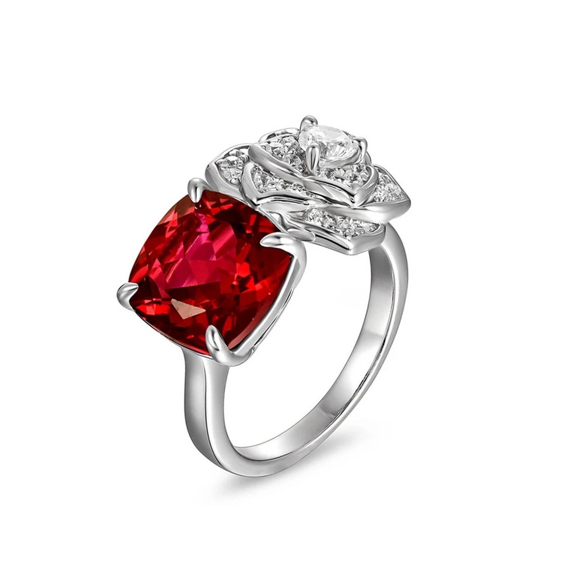 Unique Sterling Silver Artificial Ruby Rose Blossom Bypass Ring: Size: Diameter 17.3 mm. Weight 6.33 g. Materials: 925 sterling silver, artificial ruby, artificial gemstones Condition: New This elegant ring showcases a sophisticated bypass design featuring two dist