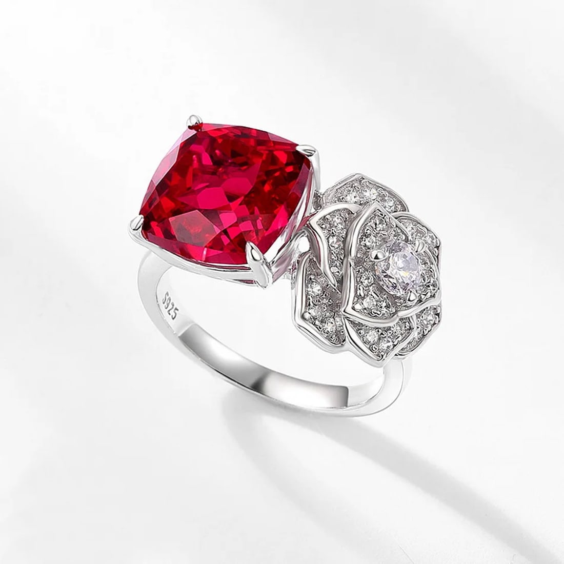 Unique Sterling Silver Artificial Ruby Rose Blossom Bypass Ring - 2