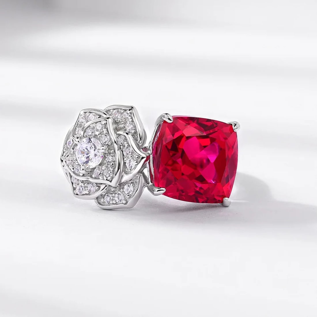 Unique Sterling Silver Artificial Ruby Rose Blossom Bypass Ring - 3