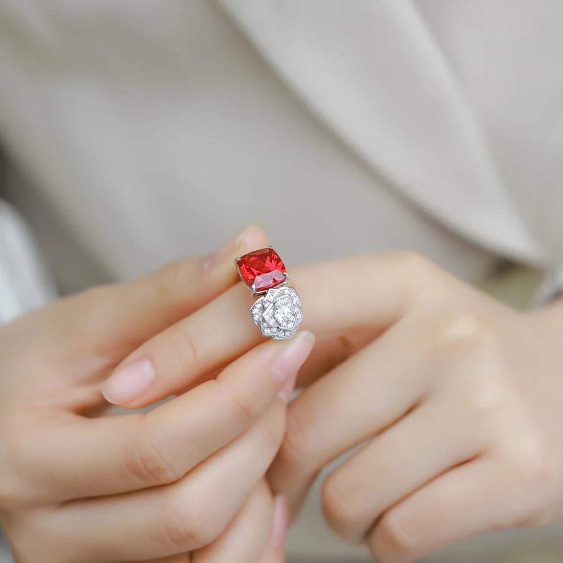 Unique Sterling Silver Artificial Ruby Rose Blossom Bypass Ring - 4
