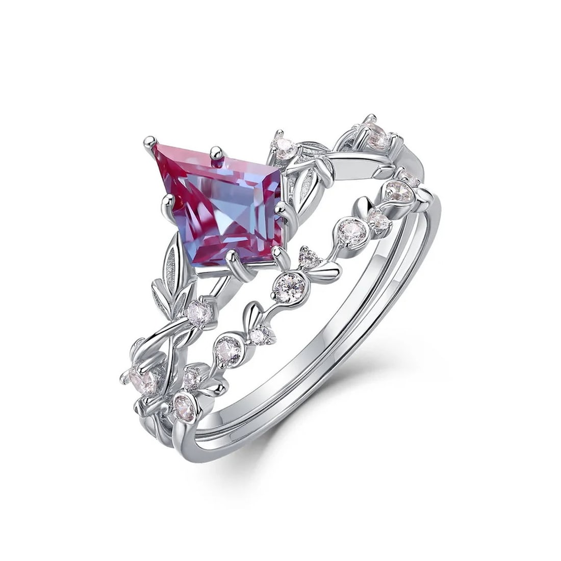 Classic Style Sterling Silver Artificial Alexandrite Kite Ring Set: Size: Diameter 18.1 mm - Width 1.2 cm. Weight 2.2 g. Materials: 925 sterling silver, artificial alexandrite, cubic zirconia Condition: New This enchanting two-piece ring set features a striking, kite-