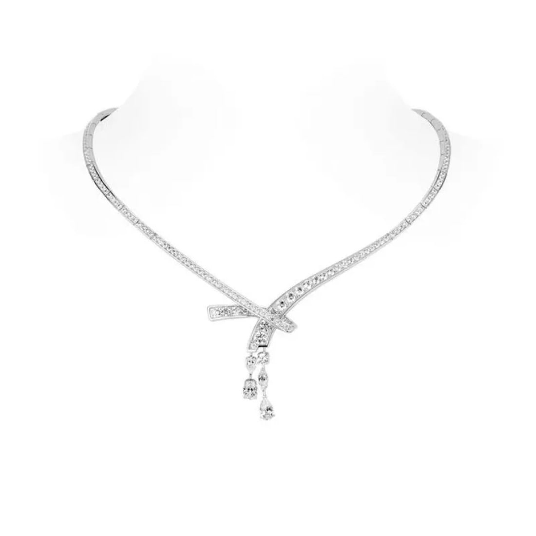 Modern Sterling Silver Cubic Zirconia Bowknot Cascading Drop Necklace: Size: Length 40 cm. Weight 33.5 g. Materials: 925 sterling silver, cubic zirconia Condition: New This elegant necklace features a sleek, contoured V-shaped profile designed to drape gracefully along