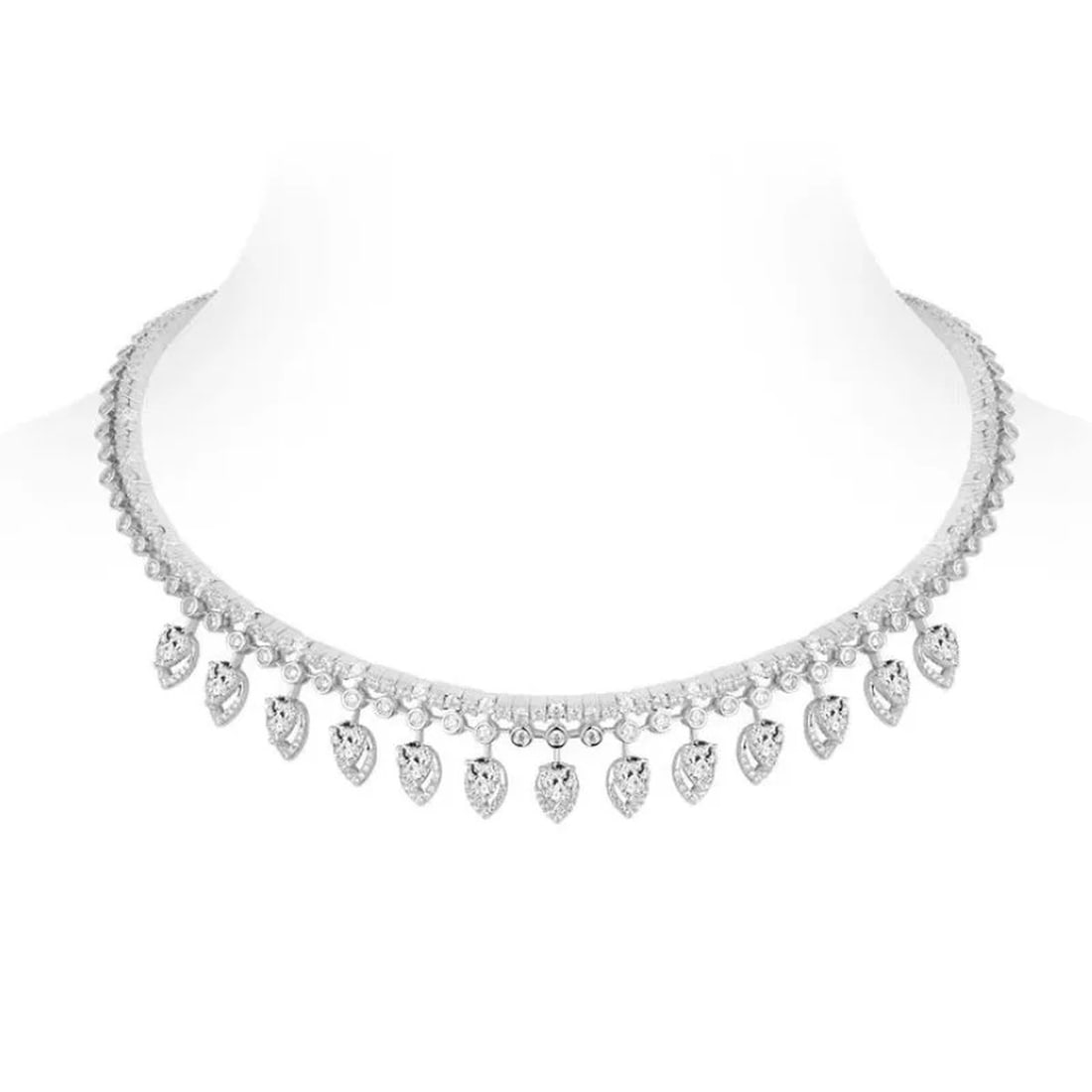 Rare Sterling Silver Cubic Zirconia Scalloped Fringe Collar Necklace: Size: Length 40 cm. Weight 56 g. Materials: 925 sterling silver, cubic zirconia Condition: New This opulent necklace features a structured, collar-style silhouette designed to drape gracefully along