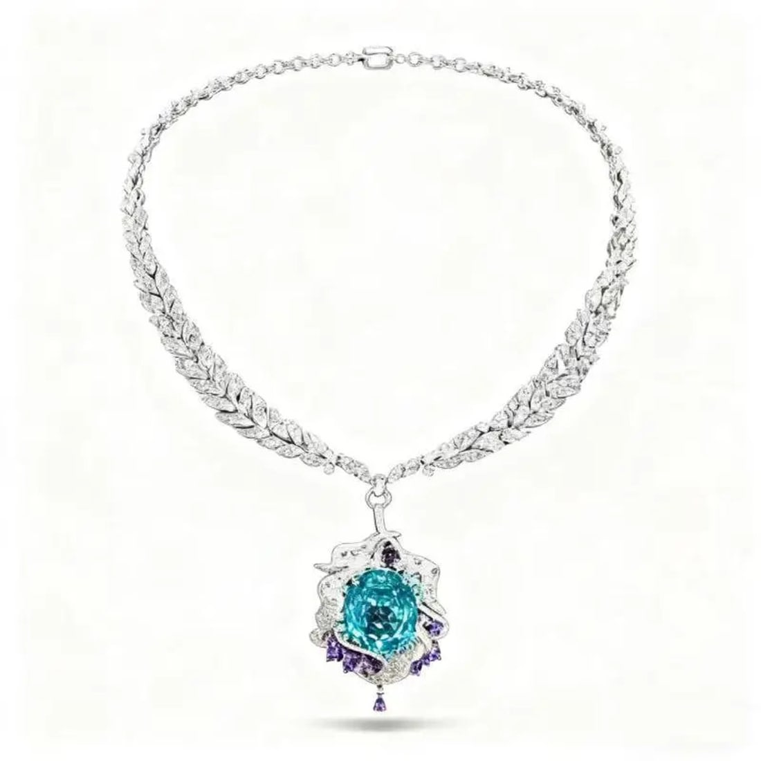 Unique Sterling Silver Paraiba Tourmaline Braided Leaf Necklace (1 of 5)