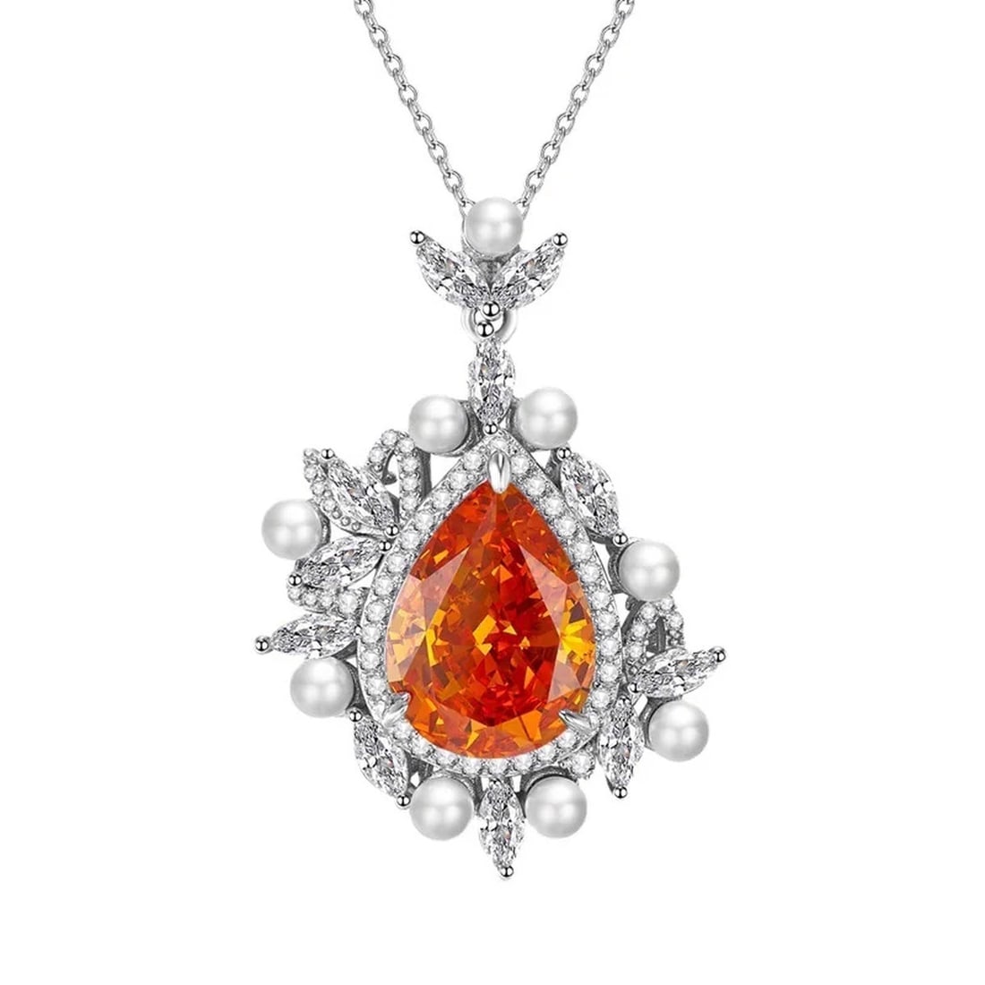 Rare Sterling Silver Moissanite Orange Teardrop Pendant Necklace: Size: Length 45 cm. Weight 8 g. Materials: 925 sterling silver, moissanite, artificial pearl Condition: New This elegant pendant necklace showcases a breathtaking, large teardrop-shaped vibrant