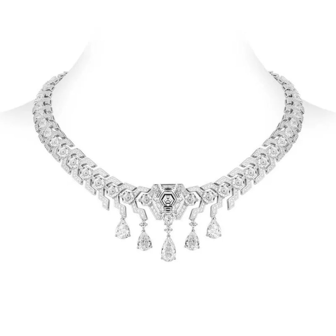 Unique Sterling Silver Cubic Zirconia Hexagonal Fringe Collar Necklace: Size: Length 40 cm. Weight 89.5 g. Materials: 925 sterling silver, cubic zirconia Condition: New This magnificent collar necklace features a highly structured, geometric design reminiscent of Art