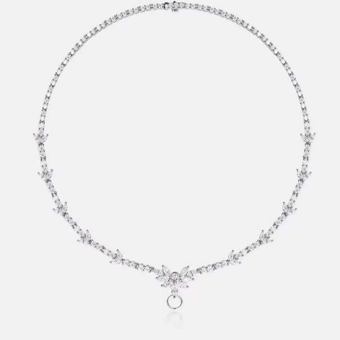 Modern Sterling Silver Zircon Starburst Leafy Tennis Necklace: Size: Length 50 cm. Weight 8 g. Materials: 925 sterling silver, zircon, artificial gemstones Condition: New This delicate necklace features a continuous tennis-style chain meticulously set with brilli