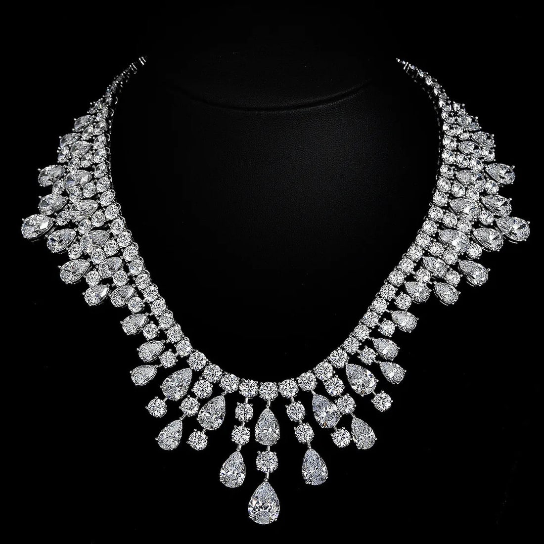 Rare Sterling Silver Cubic Zirconia Graduated Pear Fringe Necklace (1 of 4)